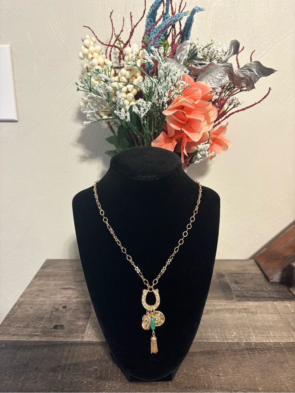 Gold Tone Pendant Necklace with Green Accent Tassel